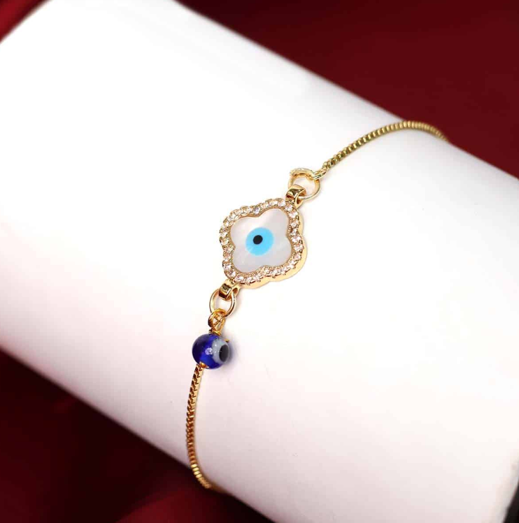 Evil Eye Pearl Charm Golden Chain Bracelet