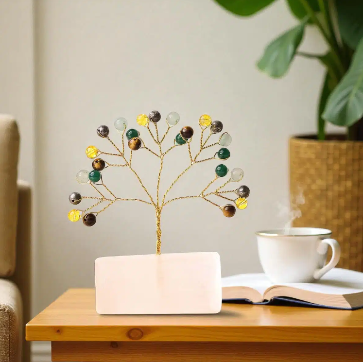 Wealth Beads on Selenite Raw Root Tree