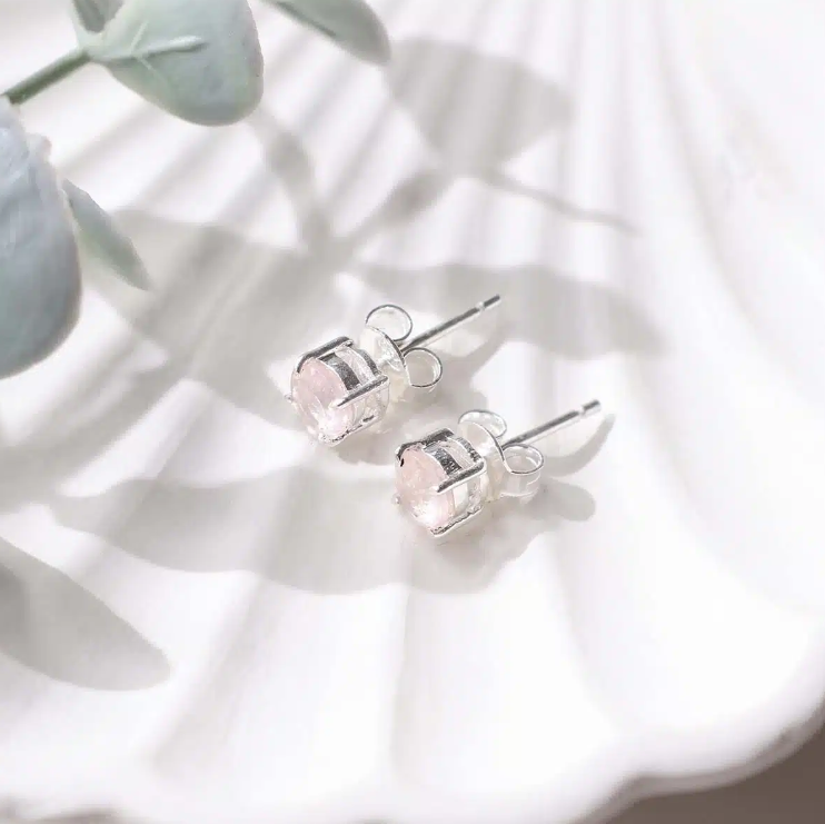 Rose Quartz Round Stud Earrings Silver