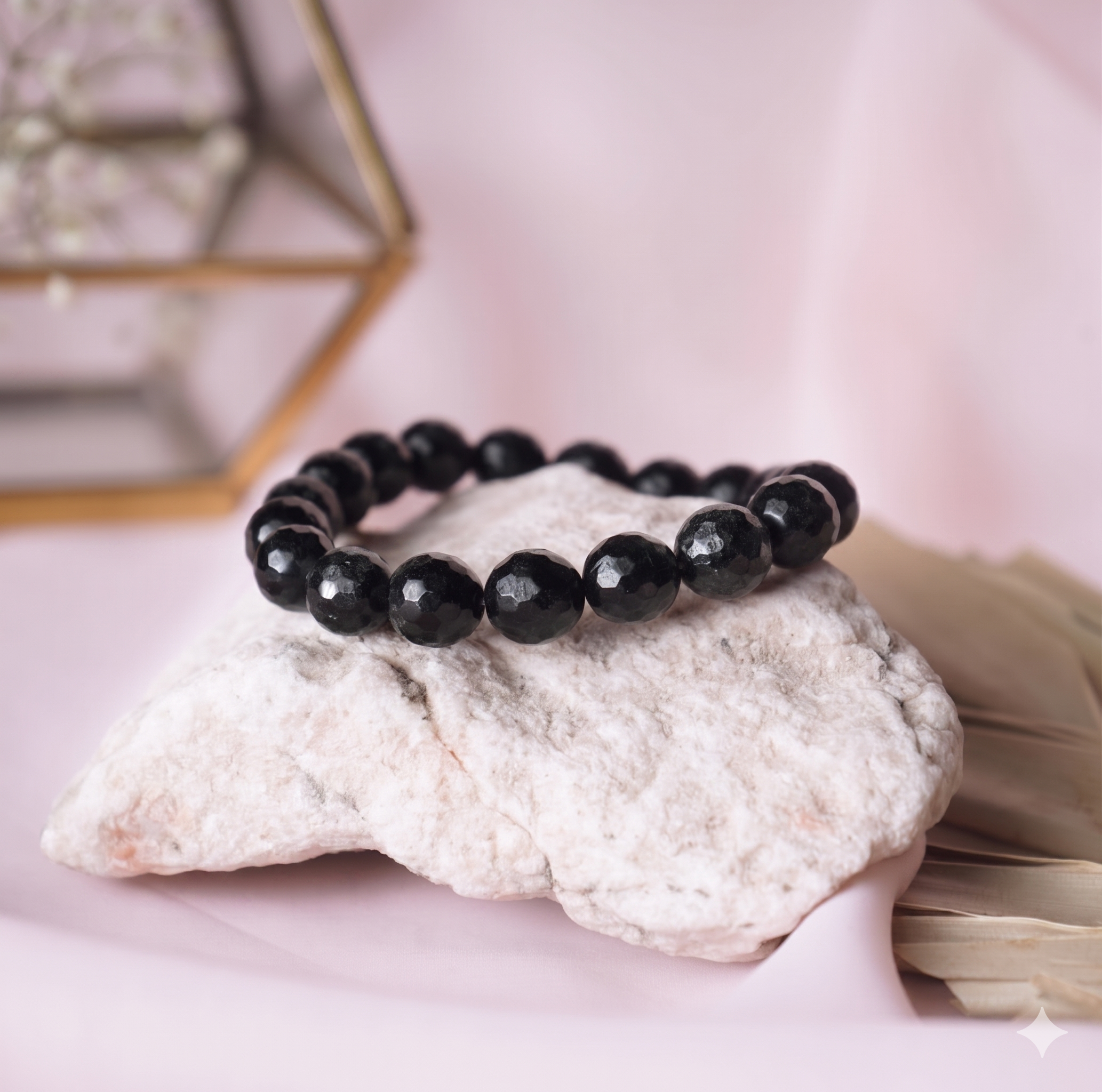 Black Tourmaline Faceted Round Beads Bracelet