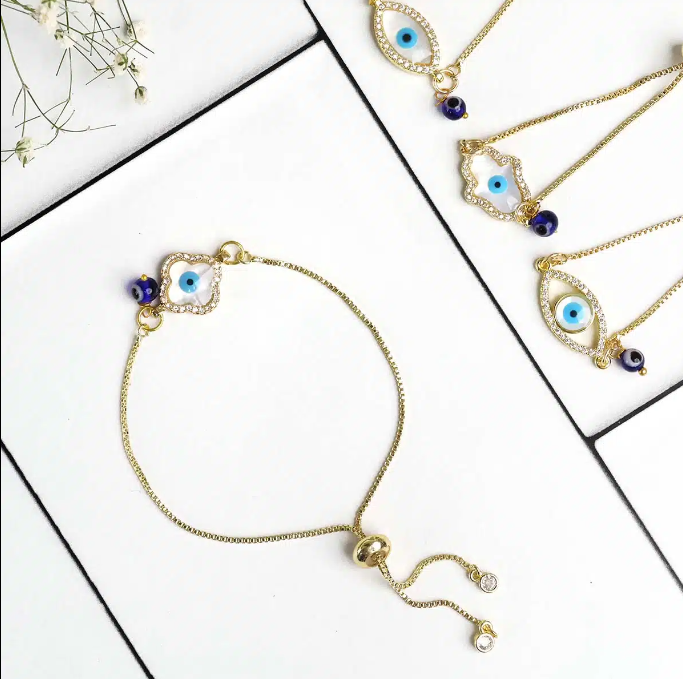 Evil Eye Pearl Charm Golden Chain Bracelet