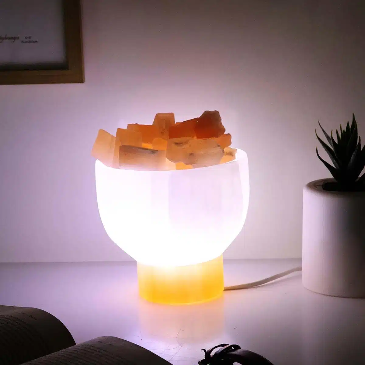 Selenite Bowl With Orange Selenite Lamp