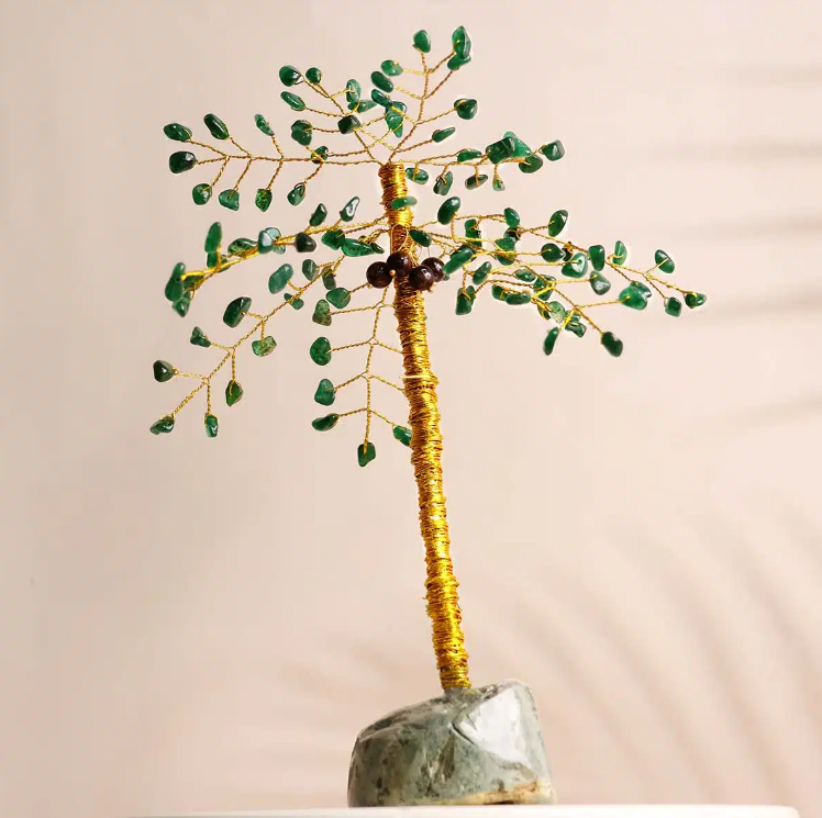 Green Jade 108 Chips and Raw Root, Bronzite Beads Tree