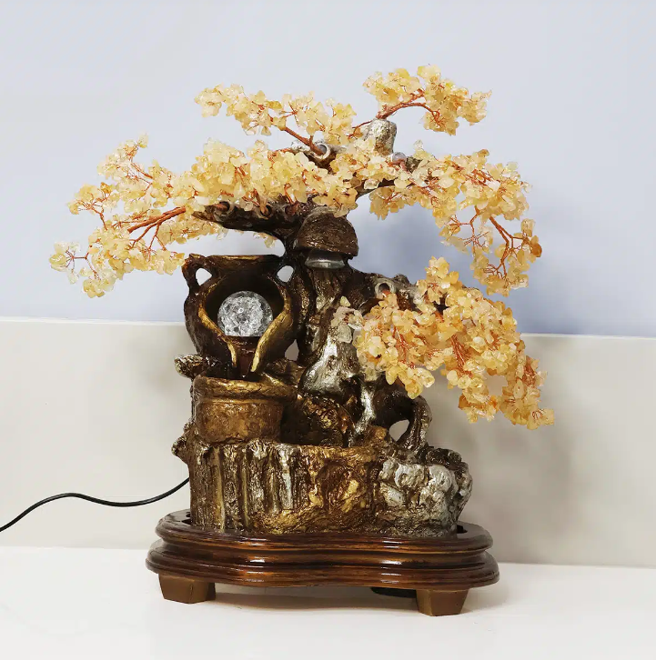 Citrine Tree In Chips Stone With Water Fountain Tree