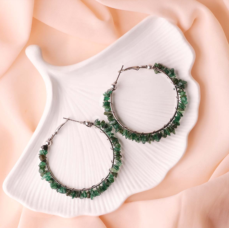 Green Jade Chips Huggie Hoops Earring