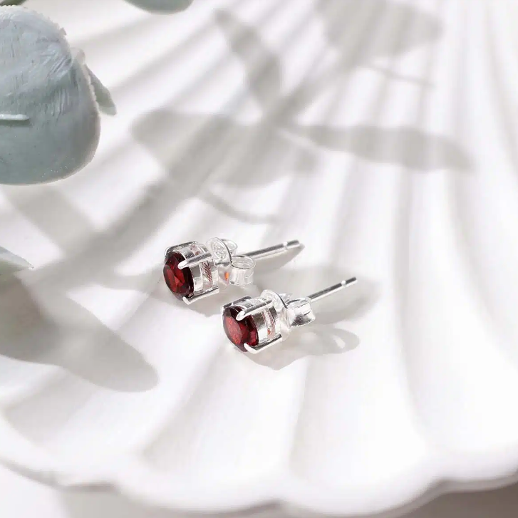 Garnet Round Stud Earrings Silver