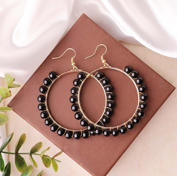 Black Tourmaline Beads Hook Earring