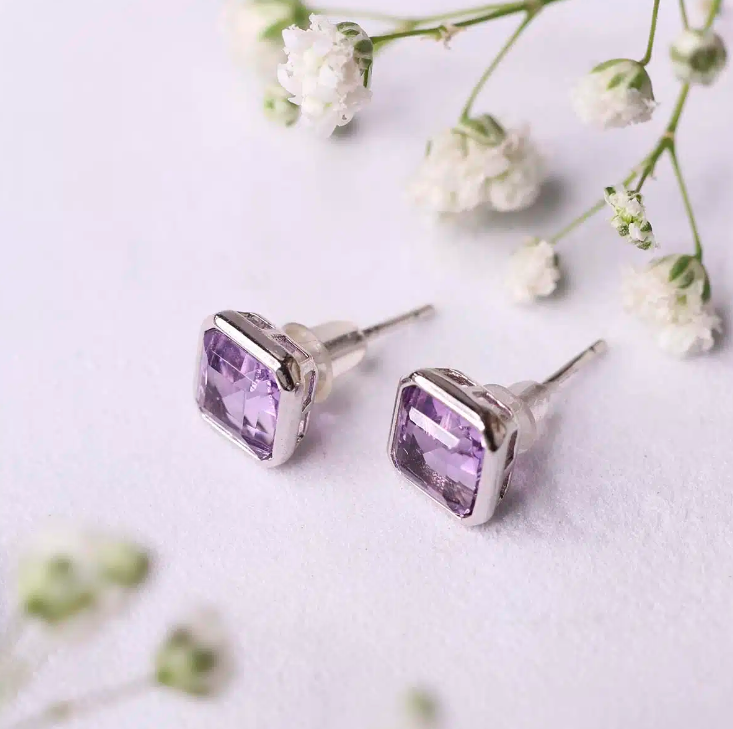 Amethyst Square Shape Stud Earring