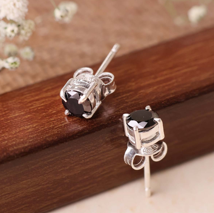 Black Onyx Round Stud Earrings Silver