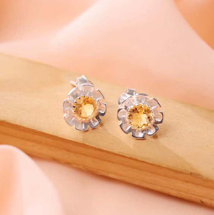 Citrine Flower Stud Earrings Silver