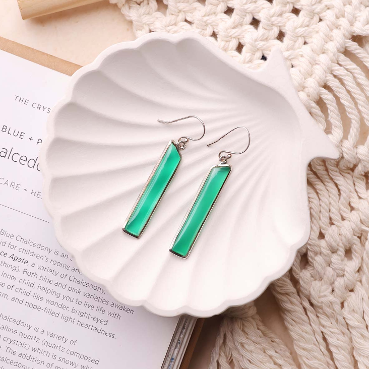 Green Onyx Long Silver Earrings