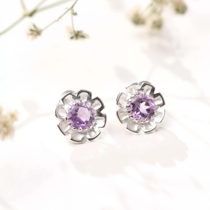 Amethyst Flower Stud Earrings Silver