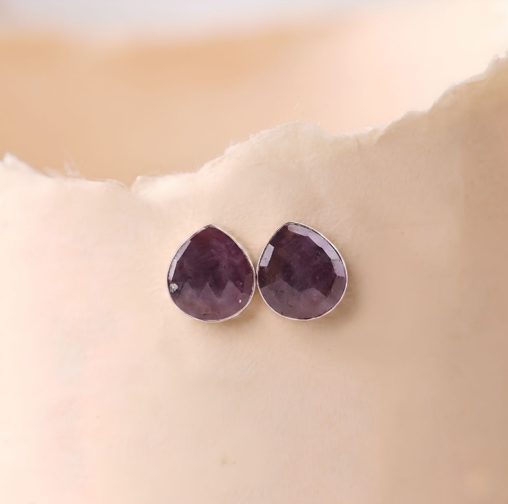 Ruby Corundum Big Studd Earring Silver 5-6 gms