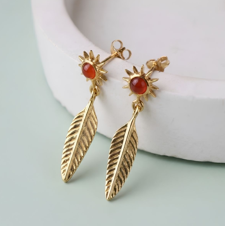 Red Carnelian Leaf Hanging Silver Earring (Gold)