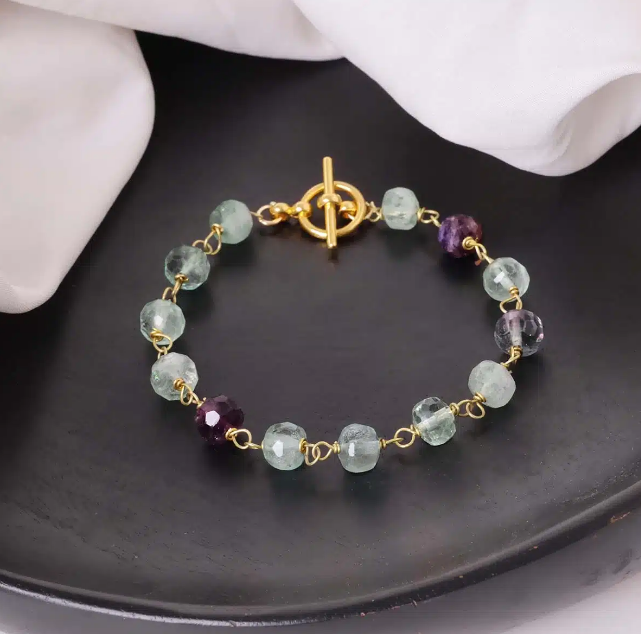Multi Fluorite Drum Faceted Chain Bracelet