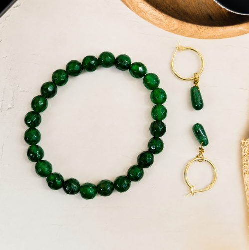 Green Jade Faceted Bracelet And Earring