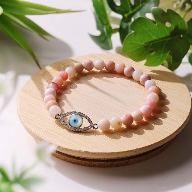 Pink Opal Evil Eye Bracelet 6mm