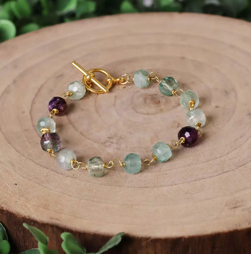 Multi Fluorite Drum Faceted Chain Bracelet