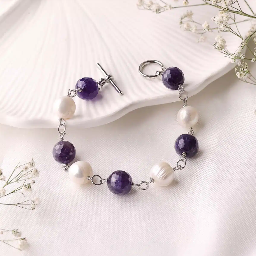 Amethyst Pearl Chain Bracelet
