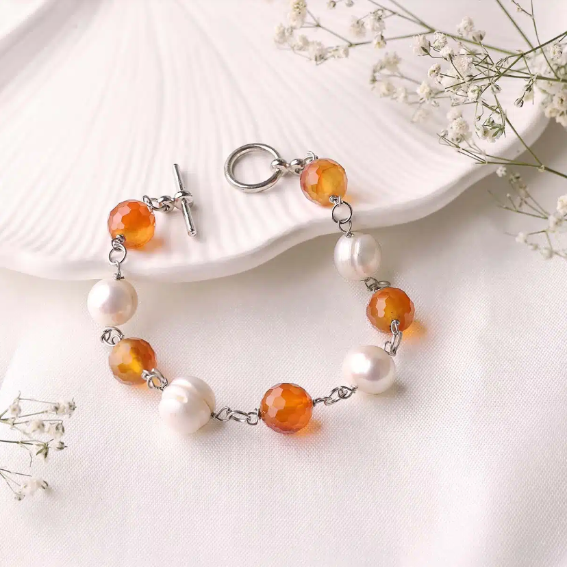 Red Carnelian Pearl Chain Bracelet