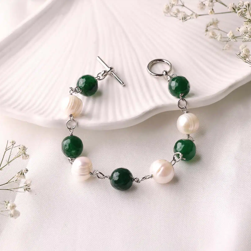 Green Jade Pearl Chain Bracelet