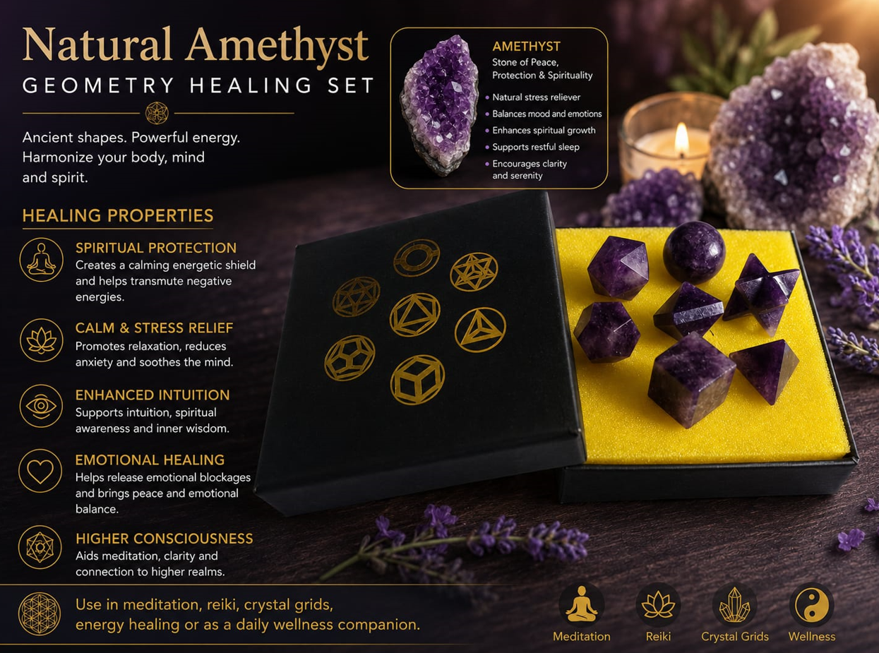 Natural Amthyst Geometry Healing Set