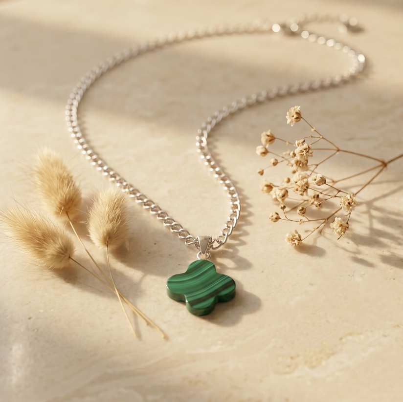 Malachite Flower Silver Pendant