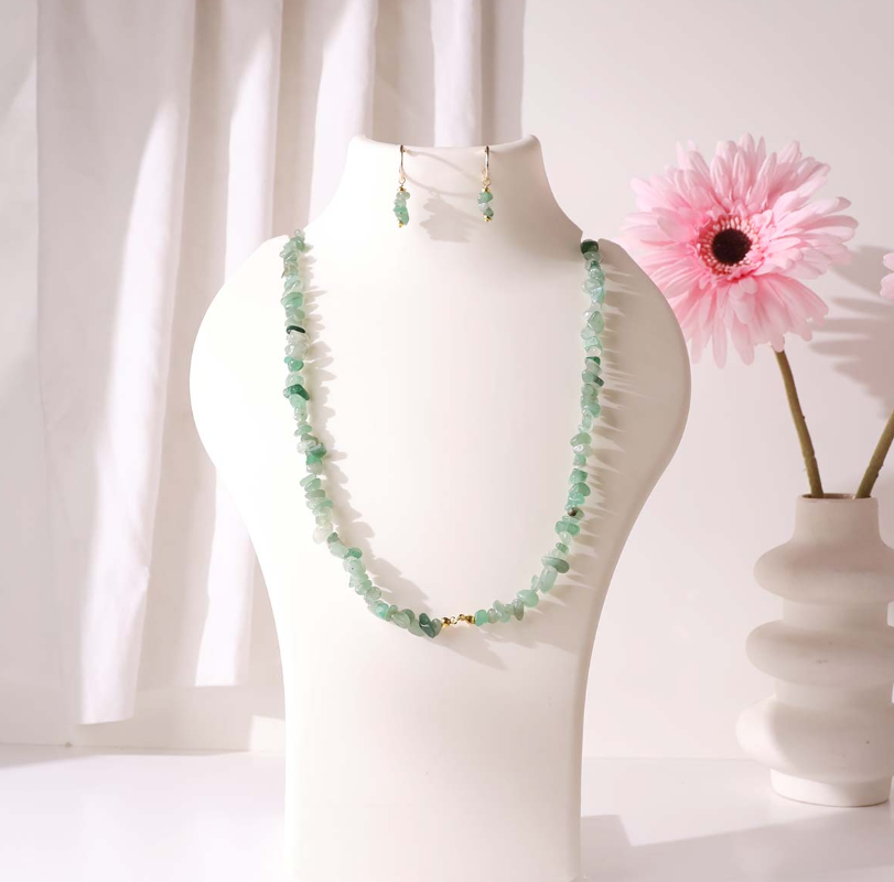 Green Aventurine Chips Necklace Earring Set
