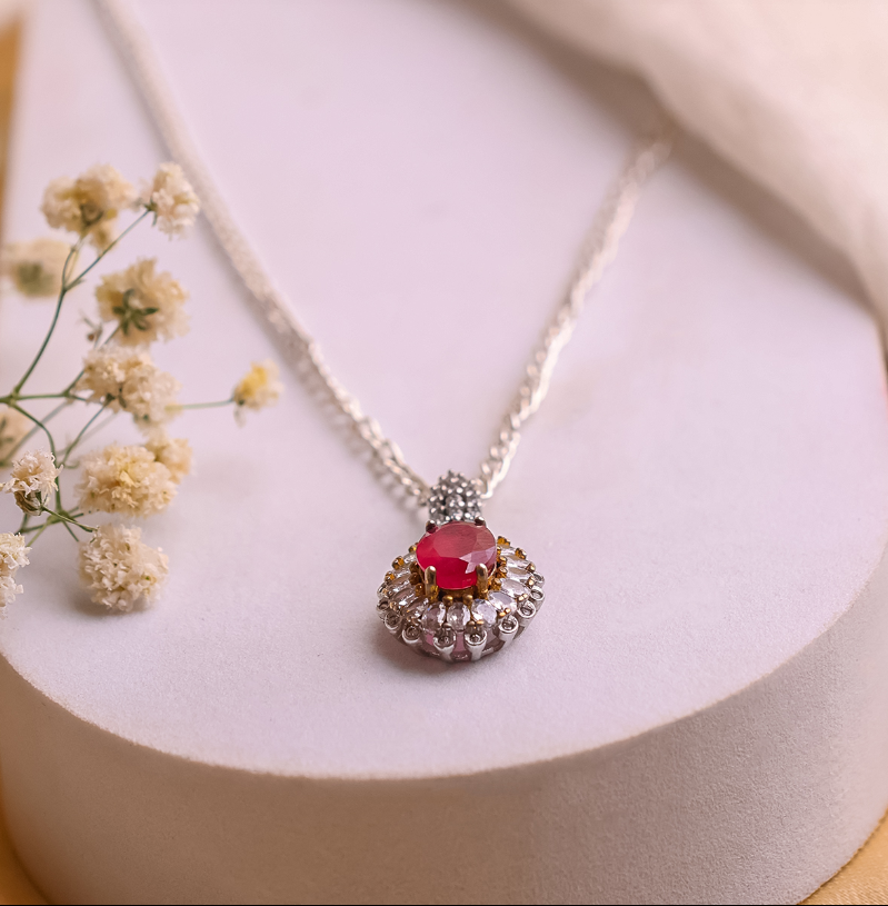 Ruby Oval Pendant Silver (Golden Design)