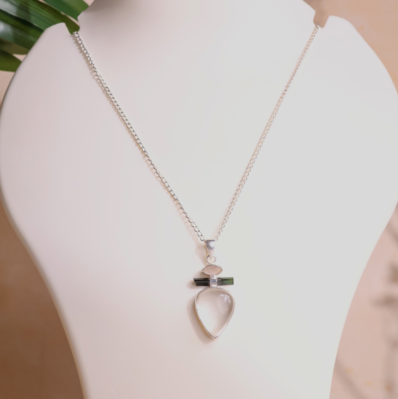 Rose Quartz With B T & CQ Pendant Silver