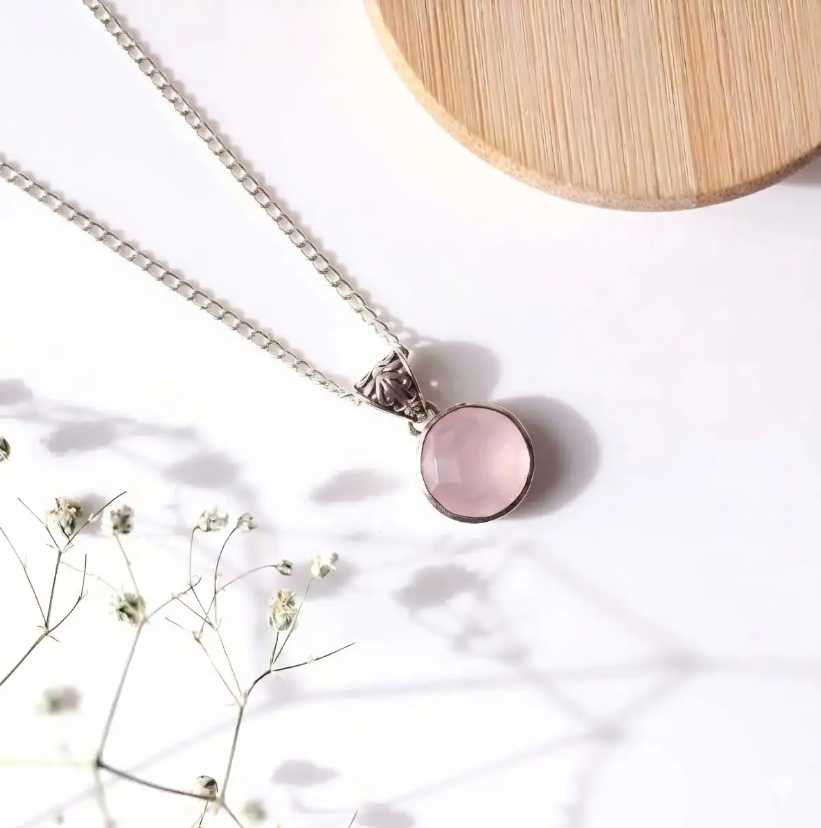 Rose Quartz Round Silver Pendant