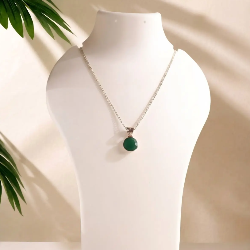 Green Jade Round Silver Pendant