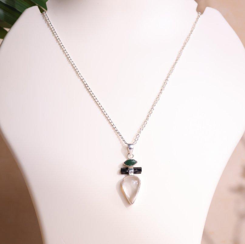 Green Aventurine With B T & CQ Pendant Silver