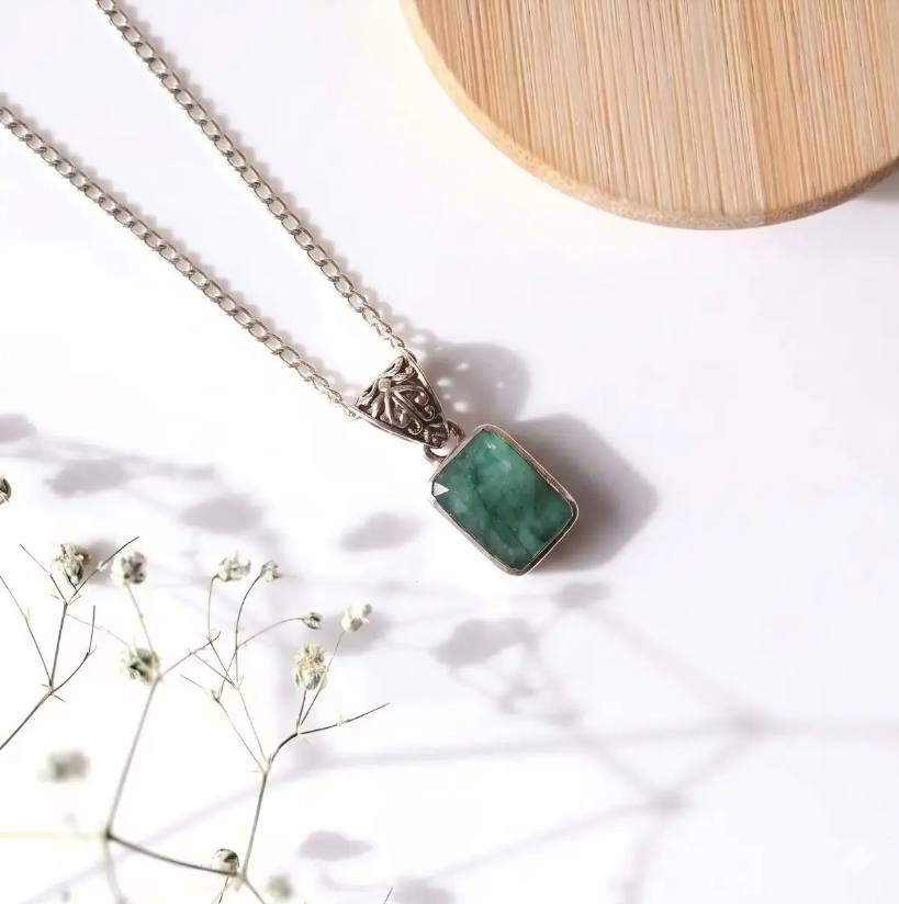 Emerald Rectangle Silver Pendant