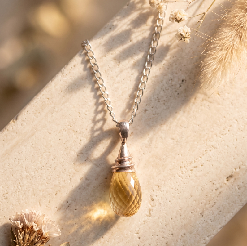 Citrine Tear Drop Faceted Silver Pendant