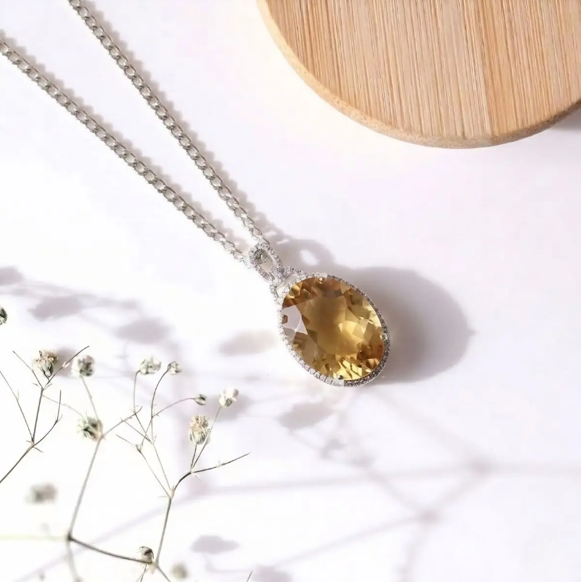 Citrine Oval Shape Big Pendant Silver