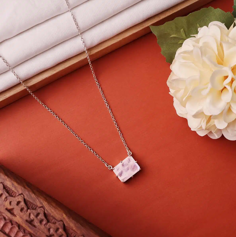 Rainbow Moonstone Big Rectangle Pendant Silver – B