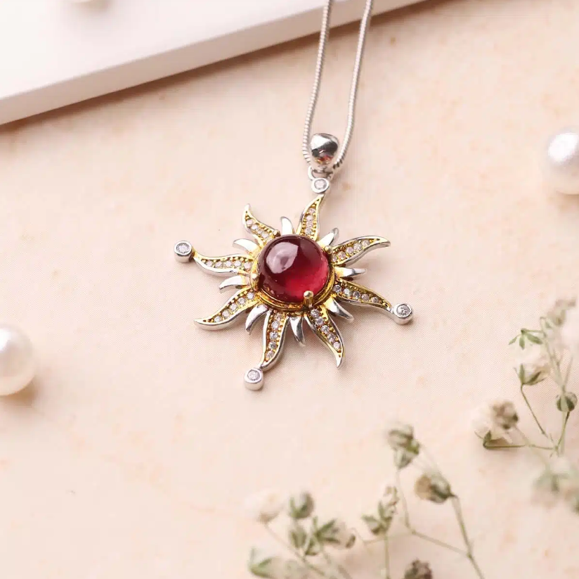 Garnet Sun Silver Pendant