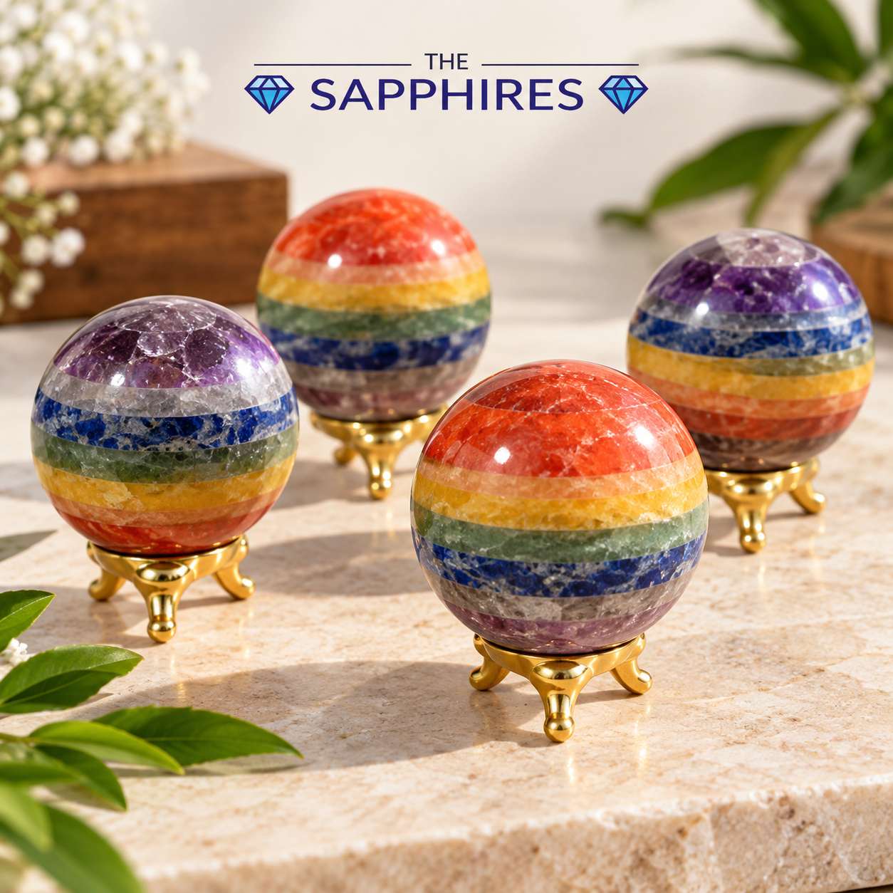 Polished Chakra Spheres on Gold Stands-3
