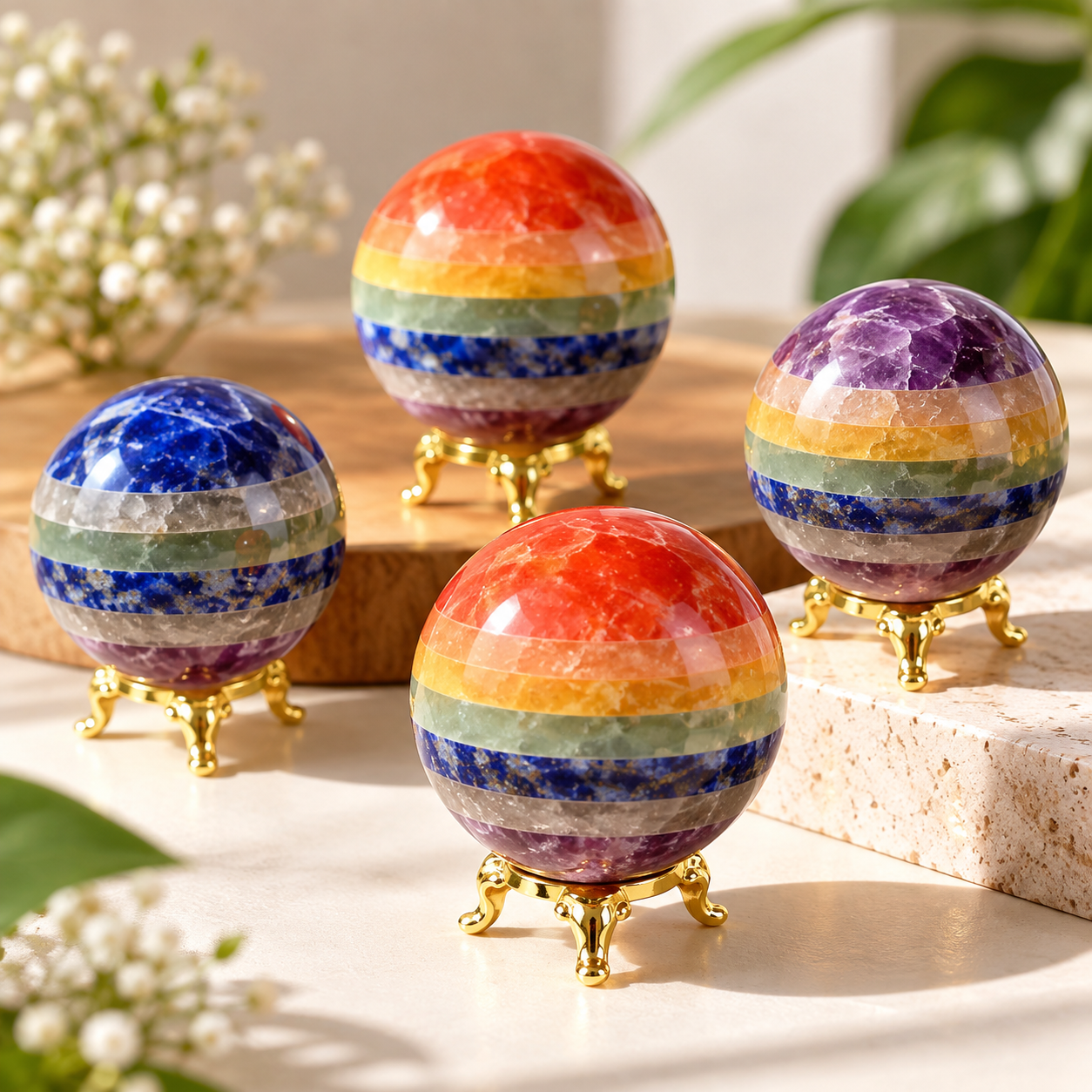 Rainbow Gemstone Spheres on Gold Stands-2